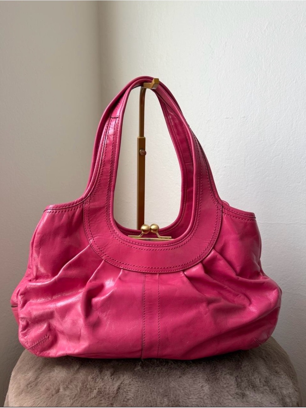 Coach Pink Leather Shoulder Bag with Kiss-Lock Accent